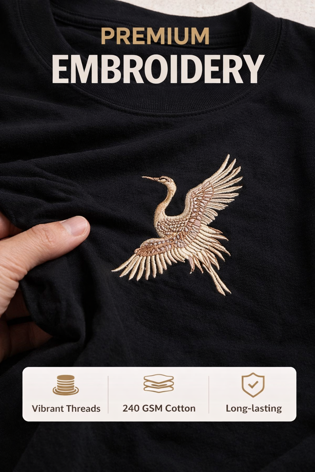 EMBROSTICH — Crane Bird Embroidery Heavyweight T-Shirt