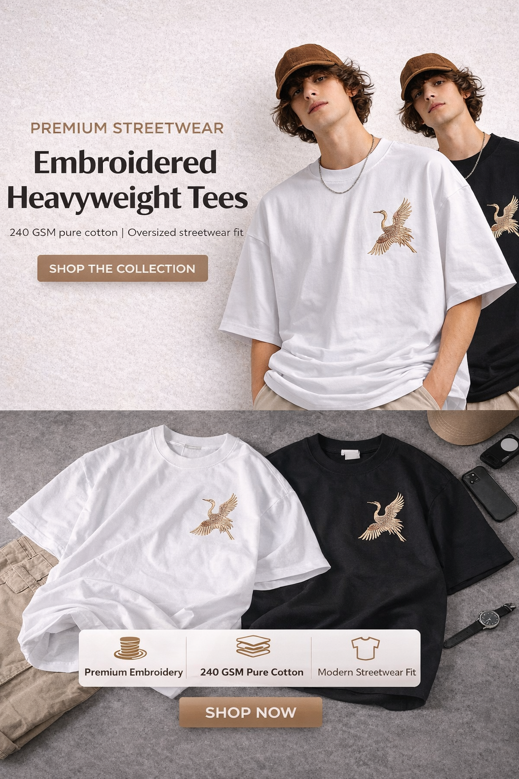 EMBROSTICH — Crane Bird Embroidery Heavyweight T-Shirt